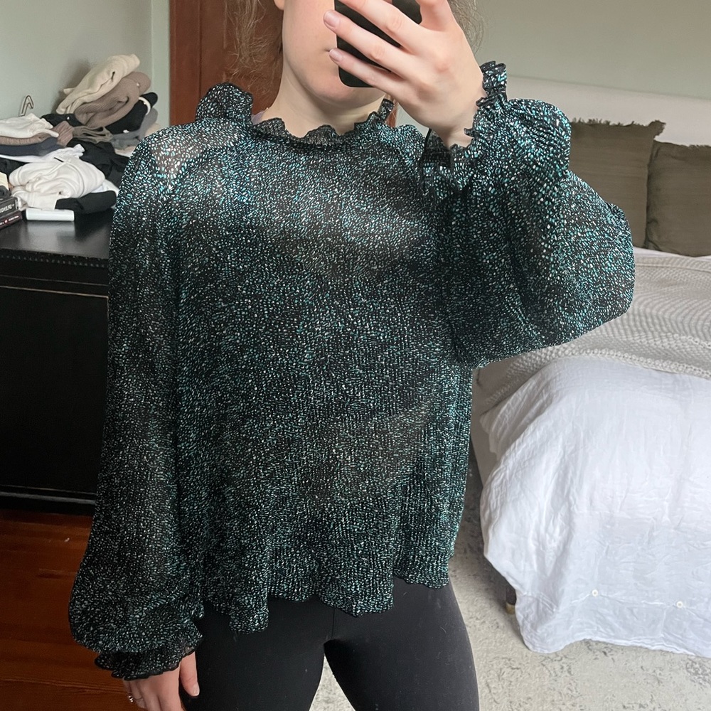 NWT Zara Chiffon Micro Pleated Long Sleeve Top Ruffle